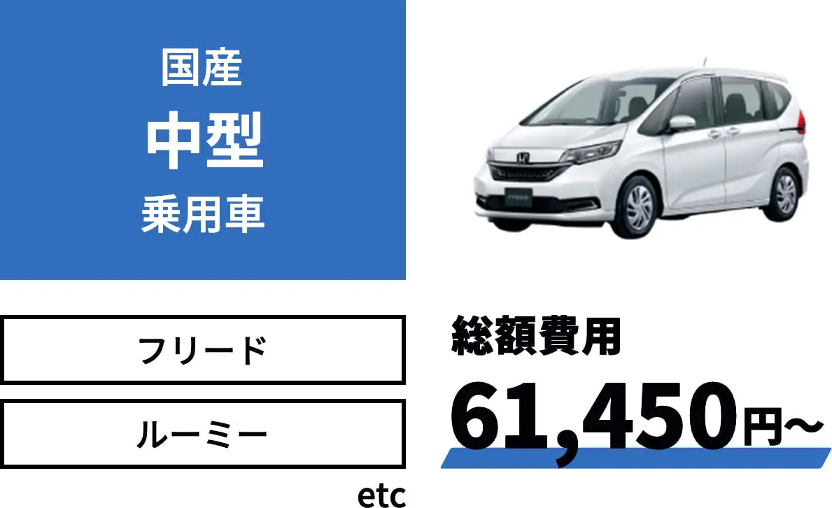 国産中型乗用車 総額費用61,450円～